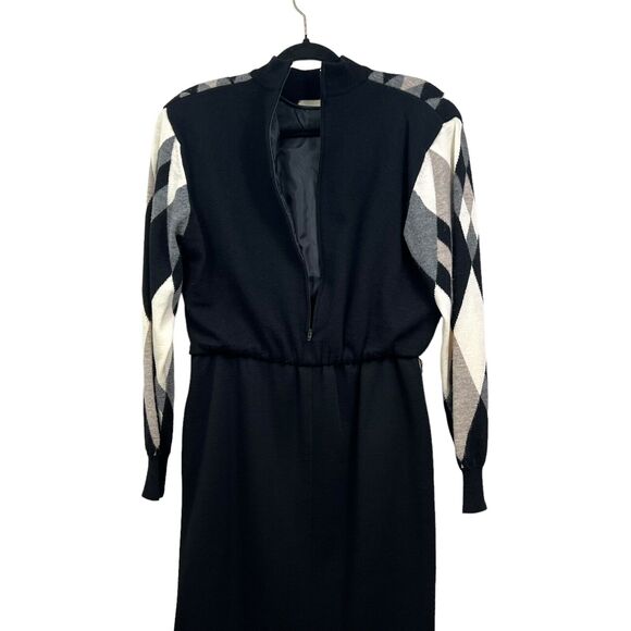 Vintage Ciao Ltd Women Wool Knit Dress Stretch Long Sleeve Lined Black Cream 12* - Picture 5 of 6